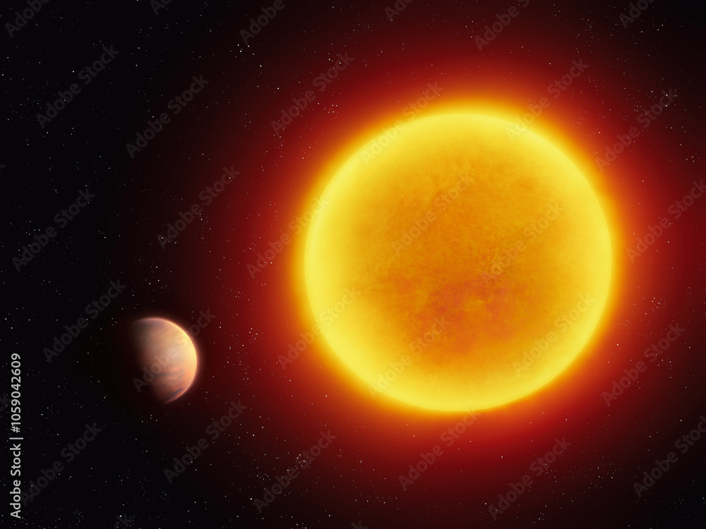Wall mural planet near barnard's star. exoplanet in another star system. red dwarf with a rocky planet.