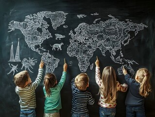 Children Explore the World Through Collaborative Chalk Drawing on Blackboard