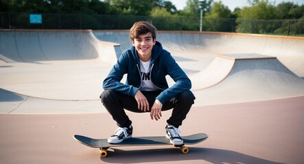 Caucasian teenager with skateboard playful smile casual streetwear skate park background age fifteen male