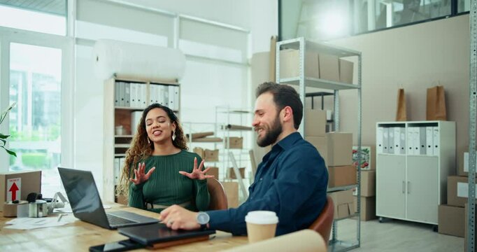 Man, woman and fist bump with celebration for shipping, distribution and small business courier service. Ecommerce, laptop and people with supply chain for online shopping, logistics and order