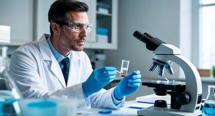 Latin biology researcher analyzing samples intense look lab coat and goggles science lab with microscopes early forties male