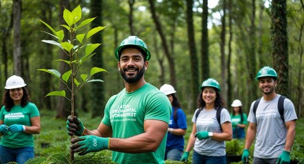 Latin environmentalist planting tree committed look outdoor clothes lush forest background with other volunteers early thirties male