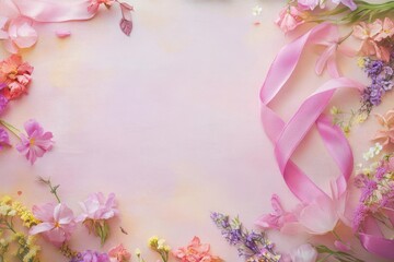Fototapeta premium Pink breast cancer ribbon with soft floral border, uplifting and compassionate design