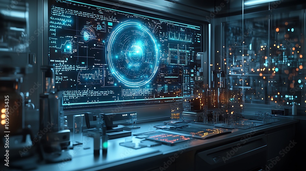 Poster a futuristic laboratory with a large screen displaying data and a variety of scientific equipment on