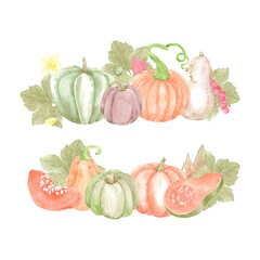 Hand drawn watercolor ripe pumpkins with berries and leaves composition isolated on white background. Can be used for postcard, label, scrapbook and other printed products.