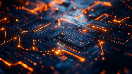 Obraz premium Glowing computer microchip with futuristic circuits, deep blue background, neon orange pin lights, semiconductor close-up, dramatic side lighting, high-tech macro shot.