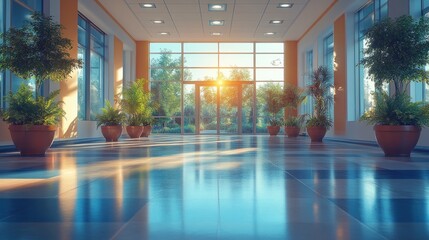 Fototapeta premium A modern and spacious hallway with large windows and potted plants, flooded with warm sunlight.
