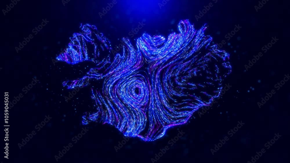 Poster abstract motion view iceland map design, featuring glowing blue hairlines, dynamic flowing patterns,