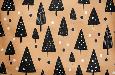 Brown kraft paper with a black Christmas tree pattern, a background for wrapping paper or packaging, a seamless pattern