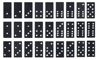 Collection of black classic domino tiles on white background