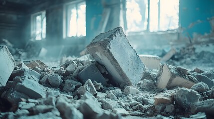 Construction site showing debris and rubble, demolished concrete blocks, abandoned building interior with broken walls, blue painted surfaces, dusty industrial atmosphere.