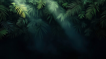 Lush green tropical leaves with sunlight filtering through, creating a serene and vibrant jungle atmosphere.