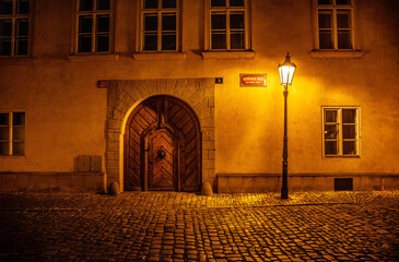 Door and streetlamp, Prague, Czech Republic