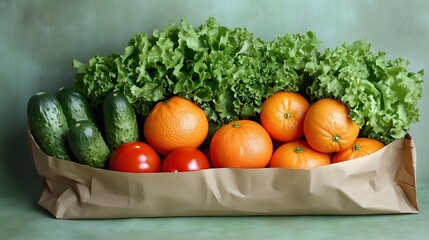 Fresh organic produce in brown paper bag featuring ripe tomatoes, oranges, cucumbers, lettuce on soft mint green background, farmers market concept styling.