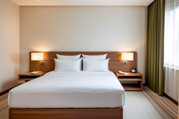 Modern hotel room with a simple clean white bedding.