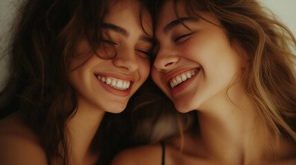 Close-up of two friends sharing a secret and smiling, against a white wall for a clean and intimate feel