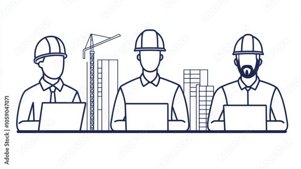 Poster three construction workers in hard hats collaborating on laptops, with a building site backdrop feat