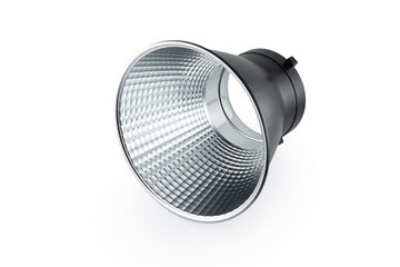 Studio flash lights reflectors on white background. Professional photographer's equipment