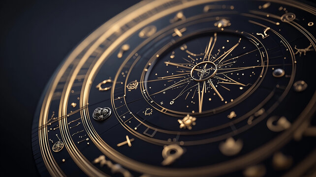 dynamic view of zodiac wheel with each sign represented in intricate detail, featuring celestial design with gold accents on dark background