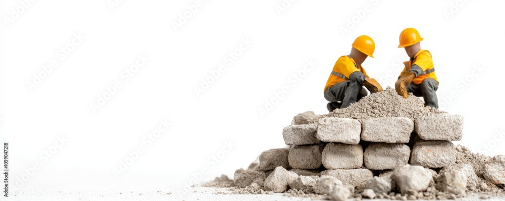 Poster two construction workers in yellow helmets are engaged in building a structure made of concrete bloc
