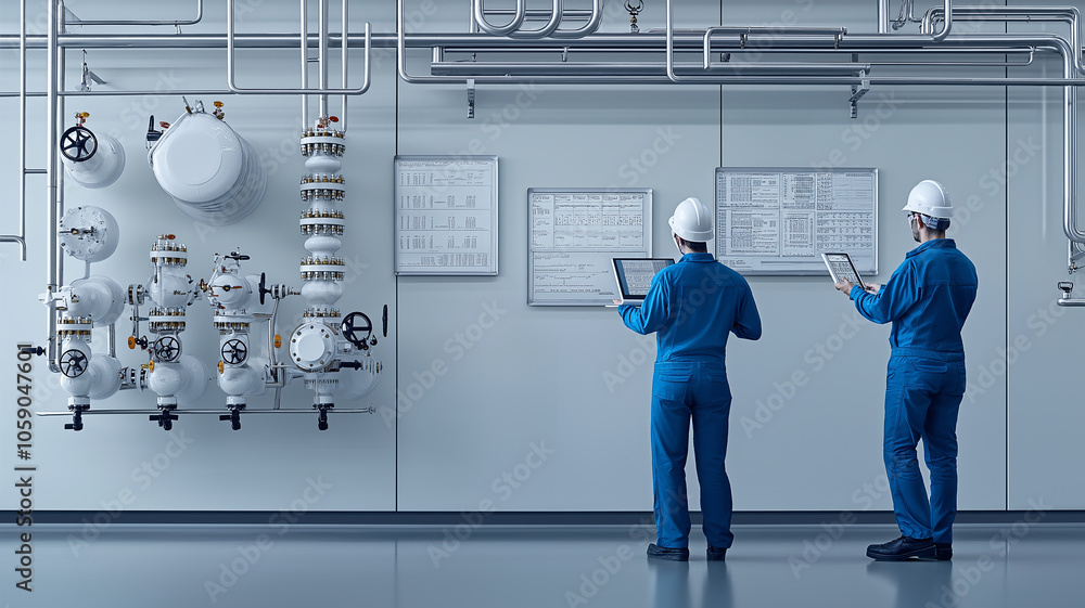 Aufkleber two engineers in blue uniforms and helmets work in control room of oil refinery, analyzing data on t