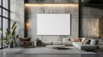 Wall art mock up, Modern living room with blank canvas wall art and plants
