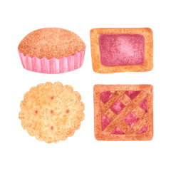Hand drawn watercolor autumn cookies with and cake isolated on white background. Can be used for postcard, label, scrapbook and other printed products.