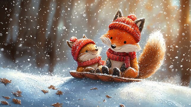 Foxes in winter hats enjoying sledding. Whimsical watercolor cozy playful cartoon Animal set