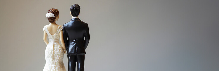 Bride and groom figures on wedding cake. Back view of groom and bride on top of cake with copy space blurry background