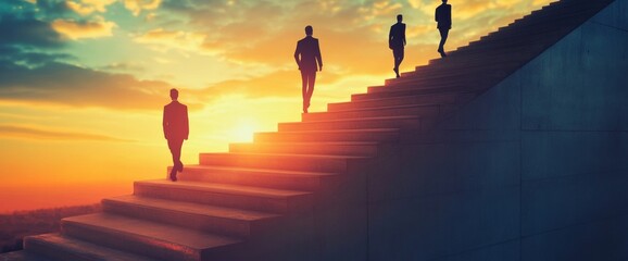Silhouetted figures in business attire ascend a set of stairs against a stunning sunset, embodying themes of ambition, success, and perseverance in a urban setting