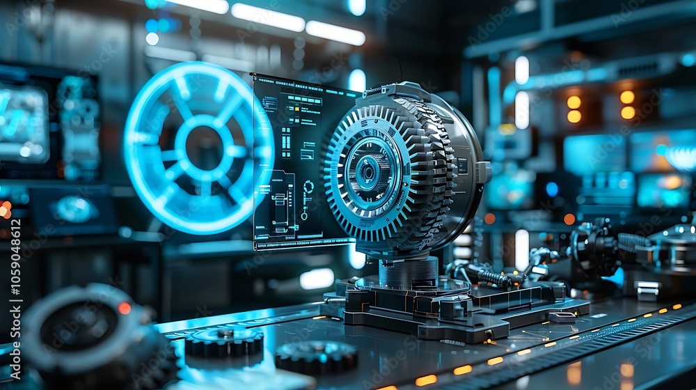 Poster a futuristic lab filled with advanced technology, featuring a glowing interface and intricate mechan