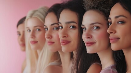 Obraz premium Profile Portrait of Diverse Women Smiling Against Pink Background, Symbolizing Unity and Positivity