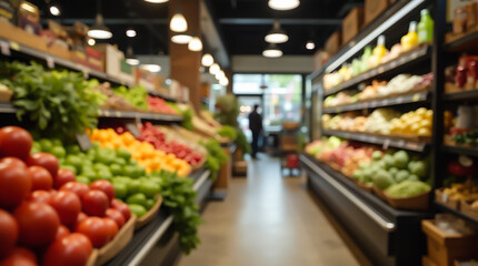 Interior of a vegetable shop with shelves filled with produce on a blurred background