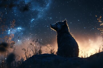 A bear gazes at a starry night sky, surrounded by a serene natural landscape.