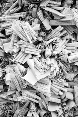 stack of written sheets in black and white