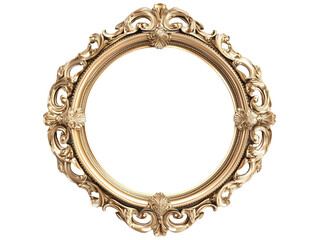 Luxurious golden frame in antique baroque style featuring intricate carvings and elegant curves. Isolated on transparent background for versatile use
