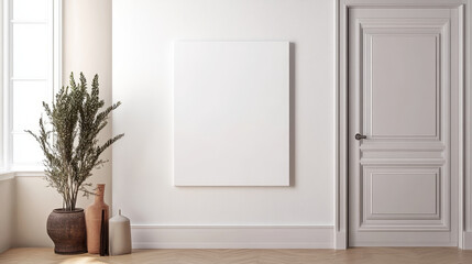 blank white canvas on stylish wall with decorative plants Wall art mock up, 