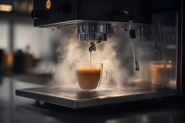 hot espresso coming from coffee machine, steam around
