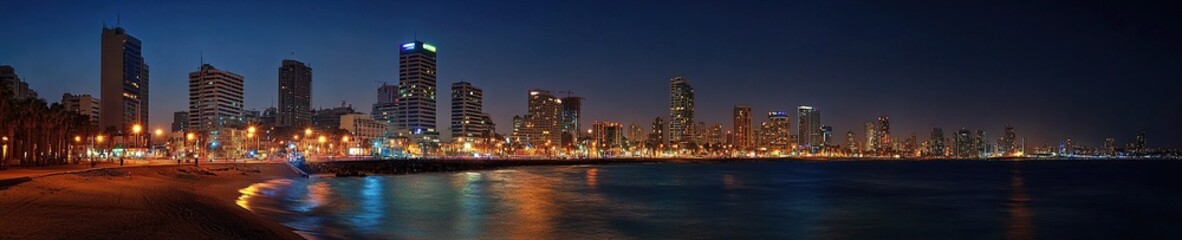 panoramic photo of the city skyline at night