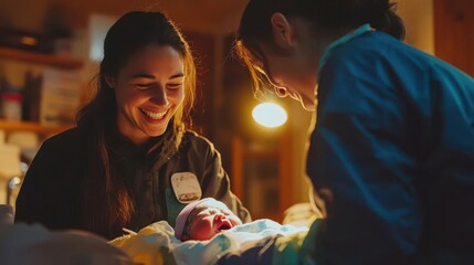 Newborn first cry, midwife with smile, gentle care, home birth, soft lighting, intimate family moment, childbirth joy, welcoming life