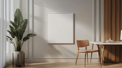 Fototapeta premium Minimalist interior with blank canvas, plant, and wooden furniture