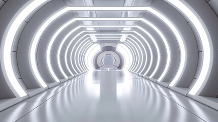 Obraz premium White Background 3D Room Light: Abstract Space Technology Tunnel Stage Floor. Empty White Future 3D Neon Background Studio Futuristic Corridor Render with Modern Interior Silver Road and Black Wall