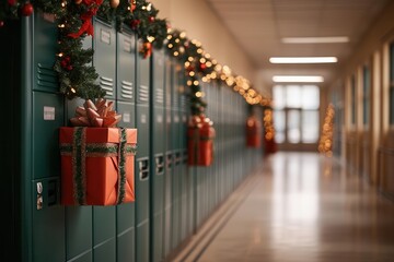 School hallway filled with holiday decorations, lockers wrapped like presents, Christmas garlands and twinkling lights, festive school ambiance