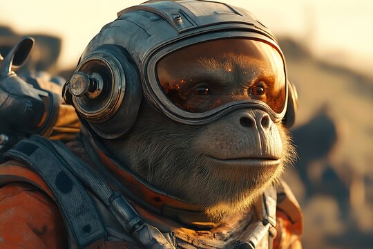 A space-suited monkey gazes into the distance, embodying a futuristic exploration theme.