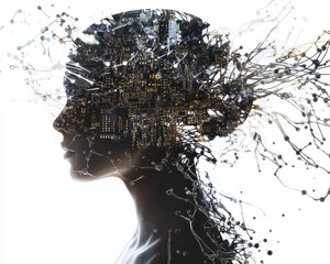 Silhouette of woman with microchip double exposure, representing technology and innovation