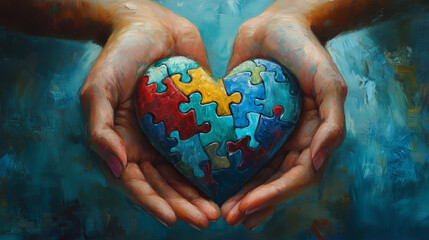 painted hands holding colorful hearth-shaped jigsaw puzzle, symbol of autism