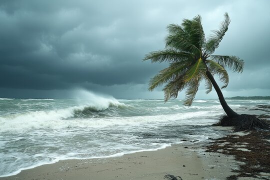 Lonely palm tree standing on beach during hurricane with big waves