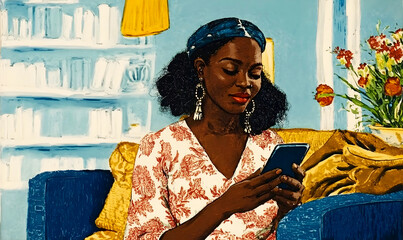 Beautiful African American Woman, dressed in vivid colors Engrossed in Online Shopping or Chatting Online Communication on her Phone, on a Couch, digital device, connection, Diverse