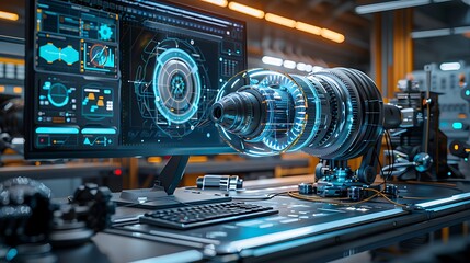 A futuristic workstation featuring a holographic turbine engine, advanced data display, and sleek design elements.