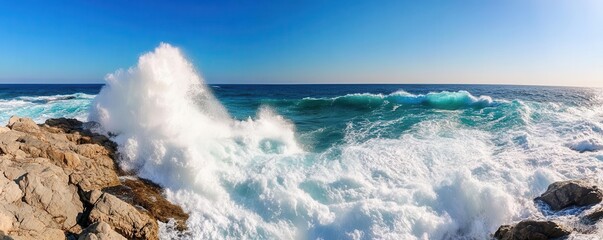 Fototapeta premium Waves crashing against rocks, powerful energy, ocean as force of nature